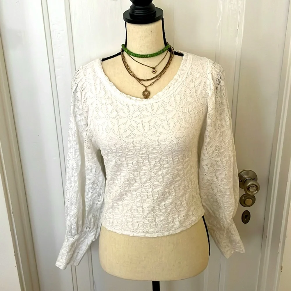 Free‎ People Jasmine Floral Lace White Boho Puff Sleeve, Open Back,size Medium